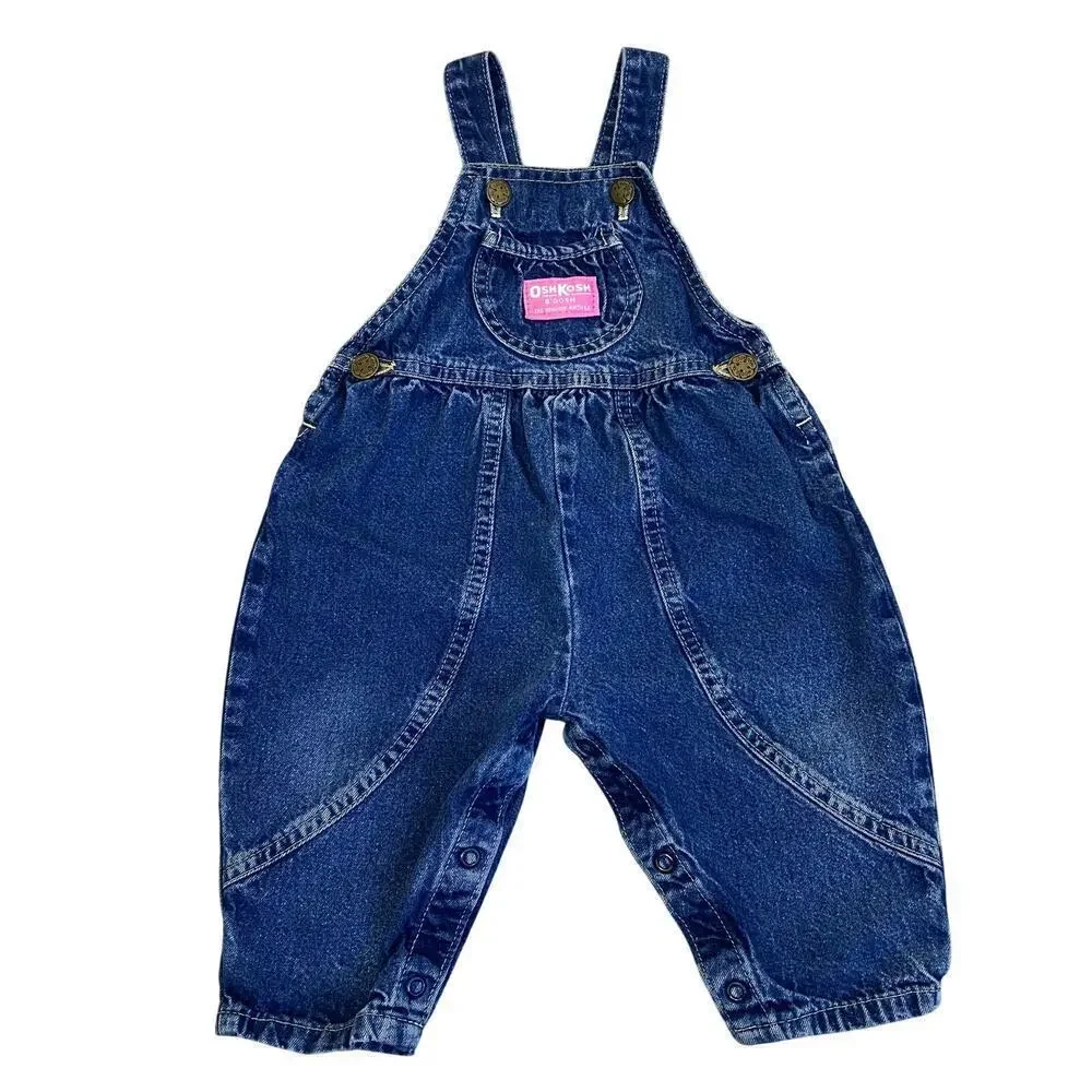 OshKosh Vintage 90s Bubble Leg Bib Style Denim Overalls USA Made Sz 12Mo
